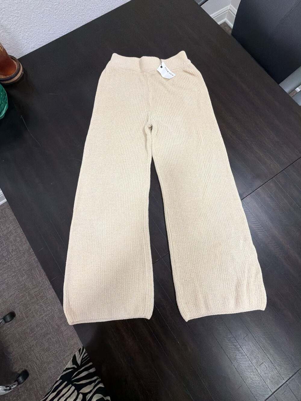 Miou Muse Women's Beige Ribbed Knit Wide-Leg Lounge Pants Size S